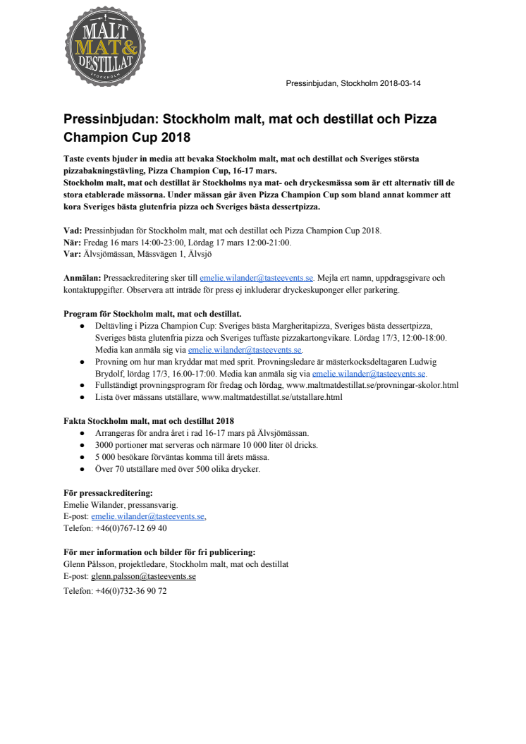 Pressinbjudan: Stockholm malt, mat & destillat och Pizza Champion Cup 2018