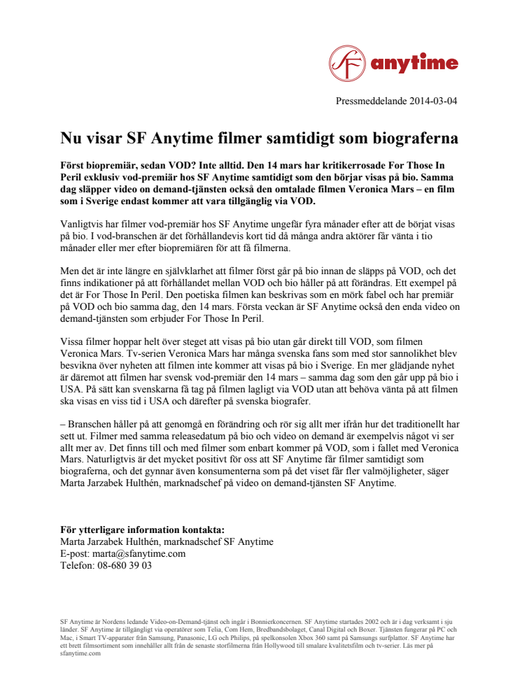 Nu visar SF Anytime filmer samtidigt som biograferna 