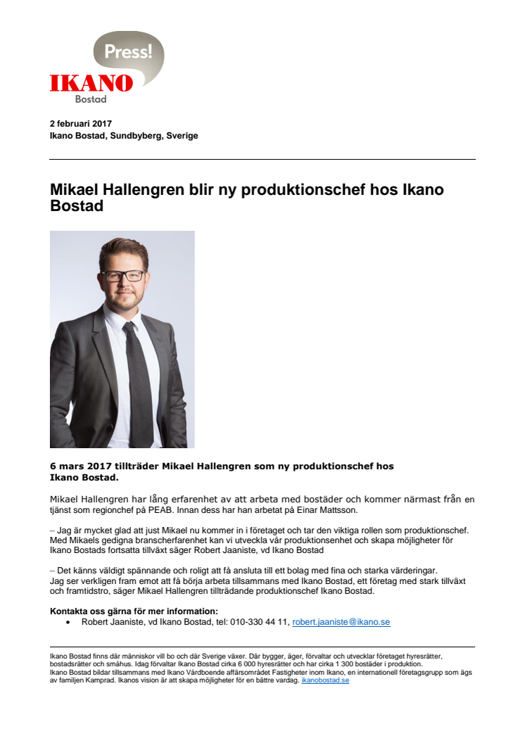 Mikael Hallengren blir ny produktionschef hos Ikano Bostad