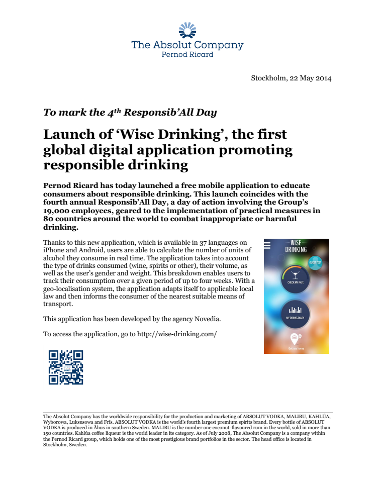 To mark the 4th Responsib’All Day: Launch of ‘Wise Drinking’, the first global digital application promoting responsible drinking 