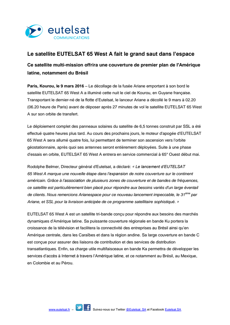 Le satellite EUTELSAT 65 West A fait le grand saut dans l’espace