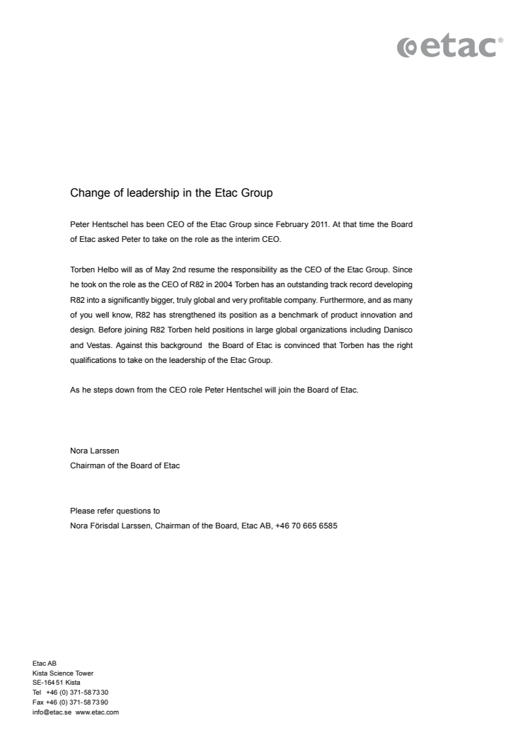Change of leadership in the Etac Group