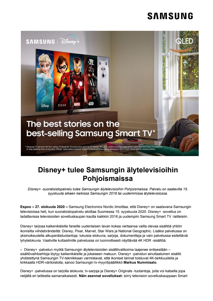 Disney+ tulee Samsungin älytelevisioihin Pohjoismaissa