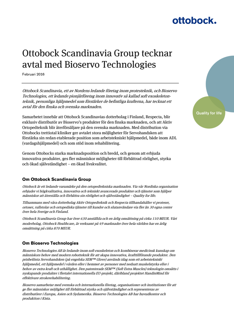 Ottobock Scandinavia Group tecknar avtal med Bioservo Technologies