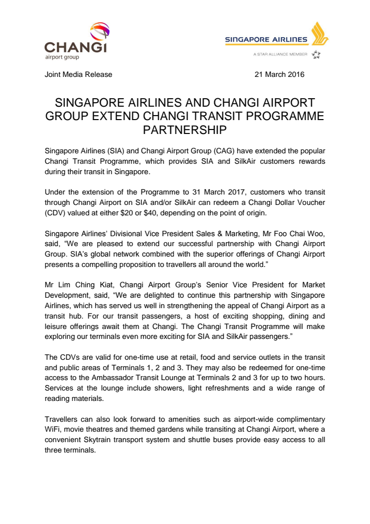 Singapore Airlines and Changi Airport Group extend Changi Transit Programme Partnership