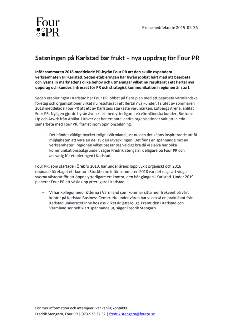 Satsningen på Karlstad bär frukt – nya uppdrag för Four PR