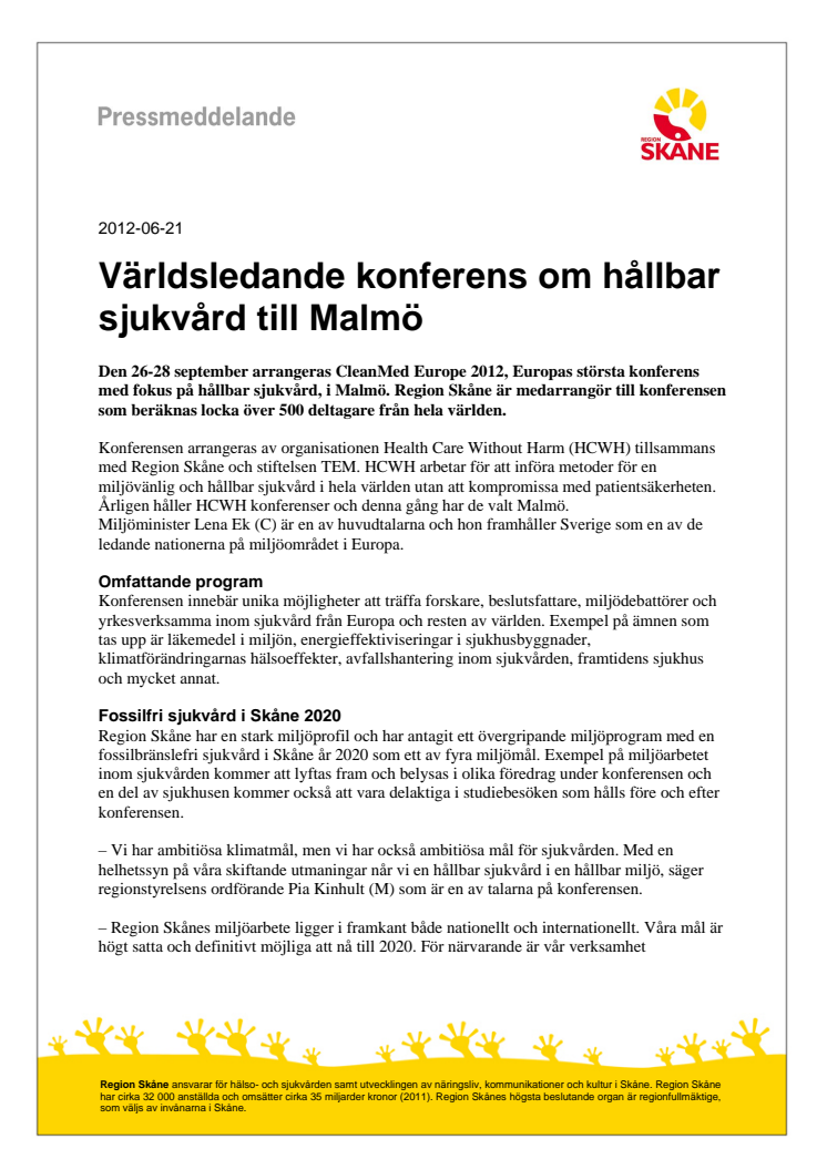 Världsledande konferens om hållbar sjukvård till Malmö