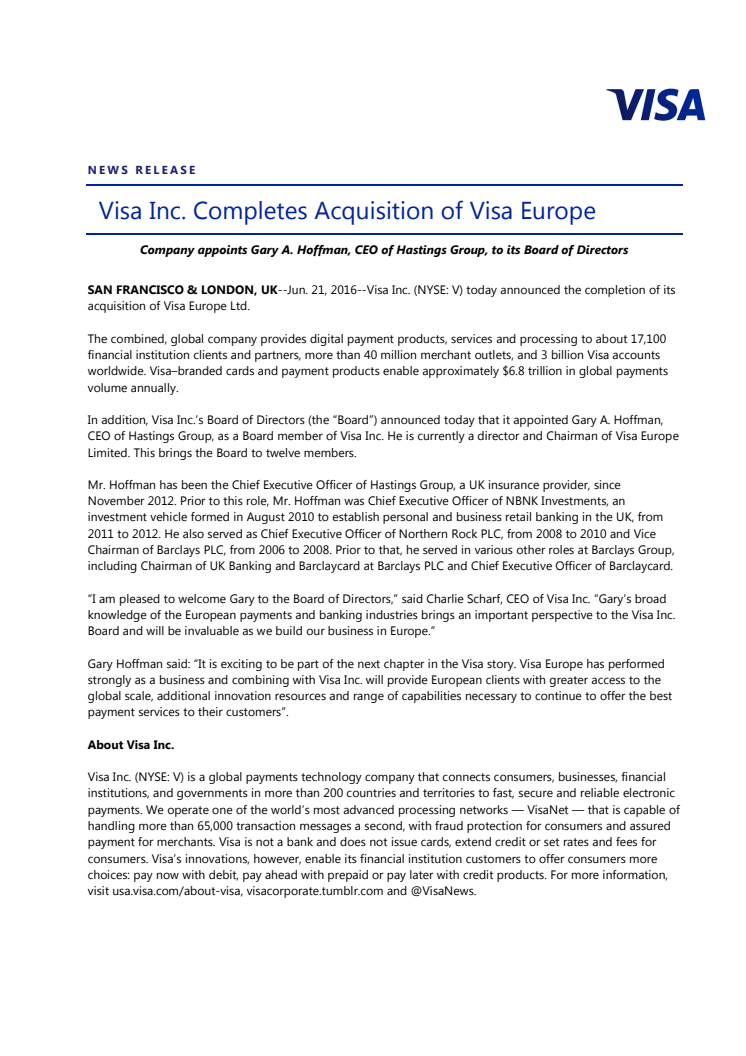 Visa Inc. Completes Acquisition of Visa Europe