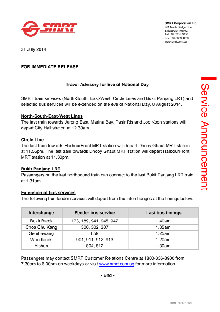 Travel Advisory for Eve of National Day