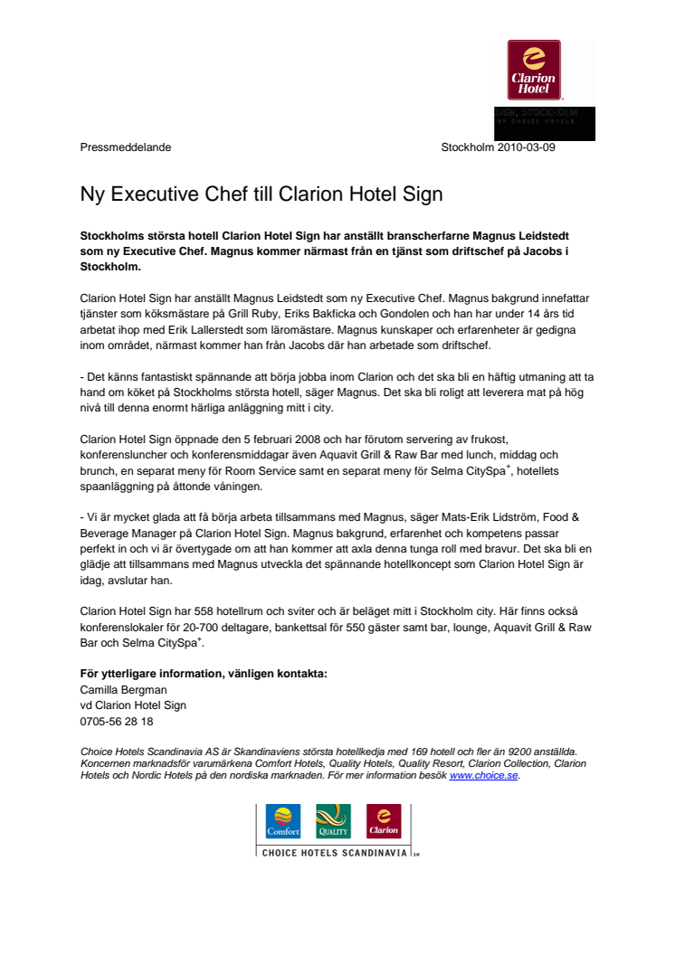Ny Executive Chef till Clarion Hotel Sign