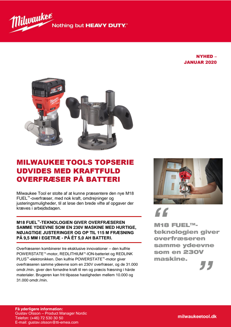 ​MILWAUKEE TOOLS TOPSERIE UDVIDES MED KRAFTFULD OVERFRÆSER PÅ BATTERI