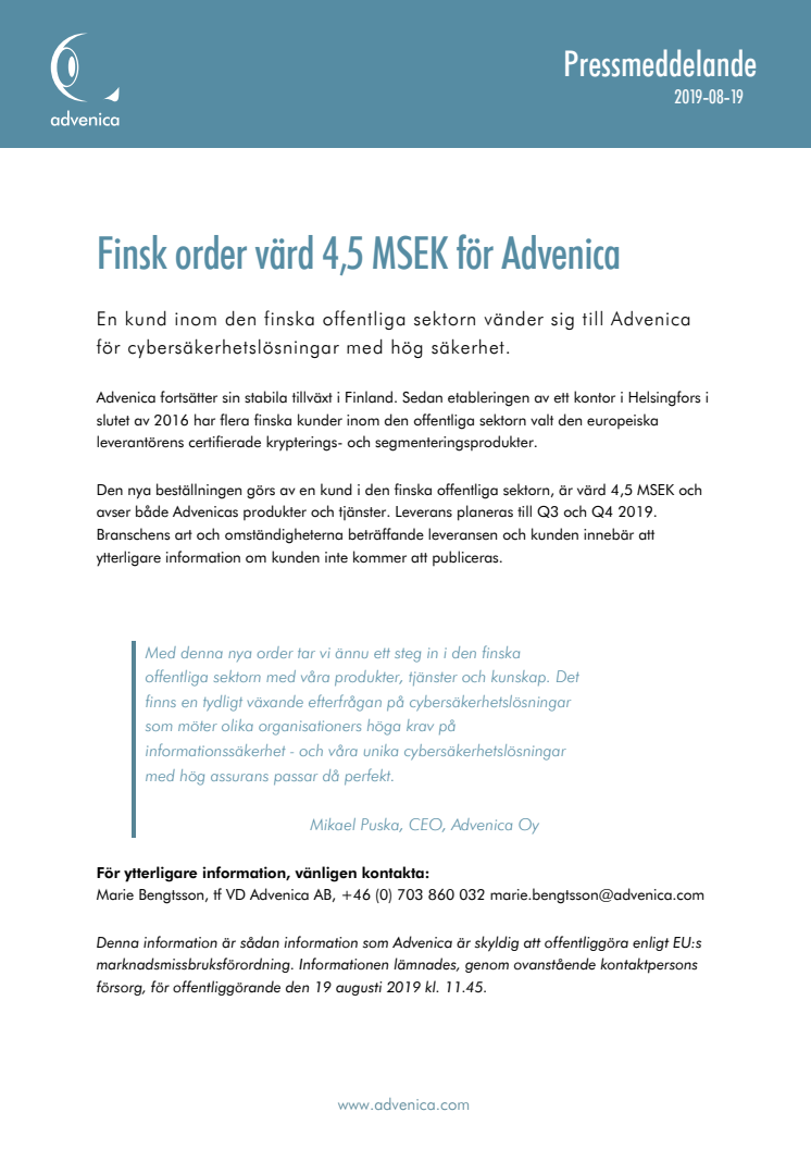 Finsk order värd 4,5 MSEK för Advenica