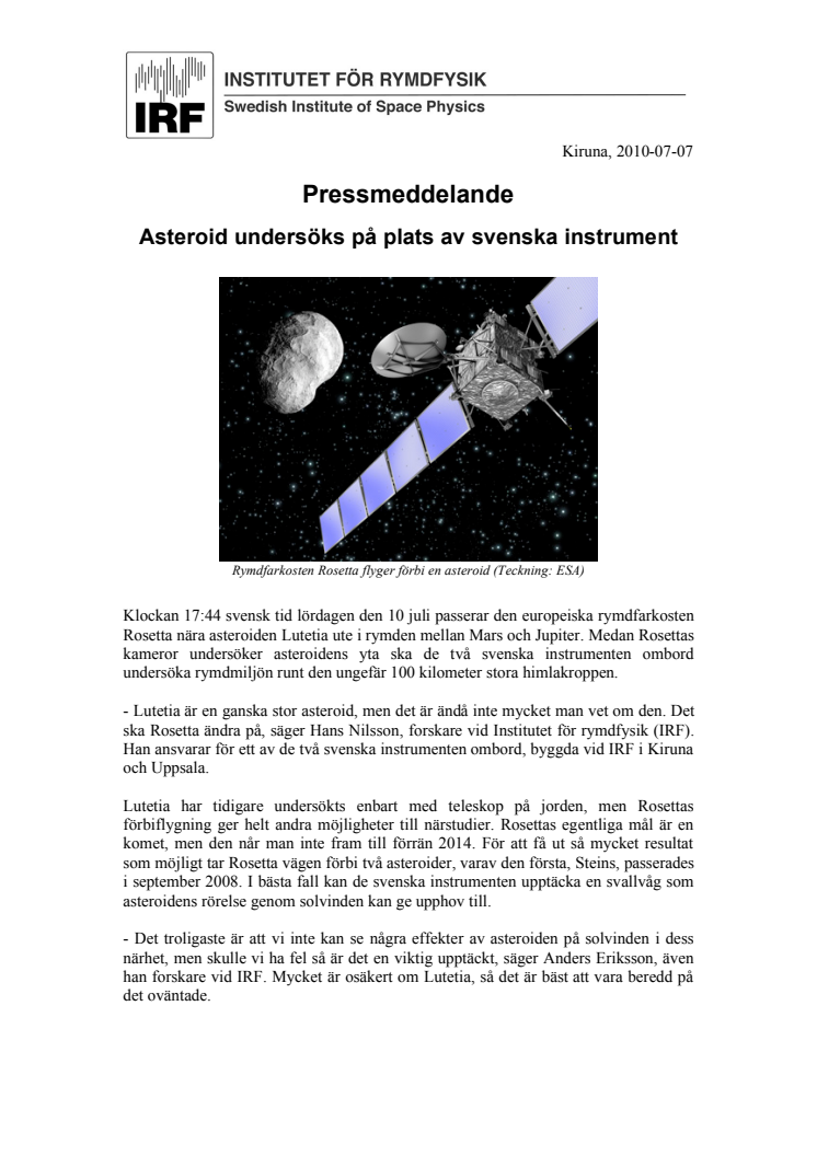 Asteroid undersöks på plats av svenska instrument