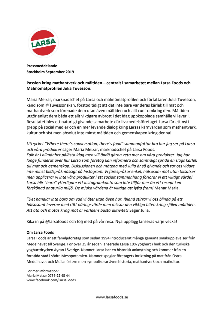 Passion kring mathantverk och måltiden – centralt i samarbetet mellan Larsa Foods och Malmömatprofilen Julia Tuvesson.