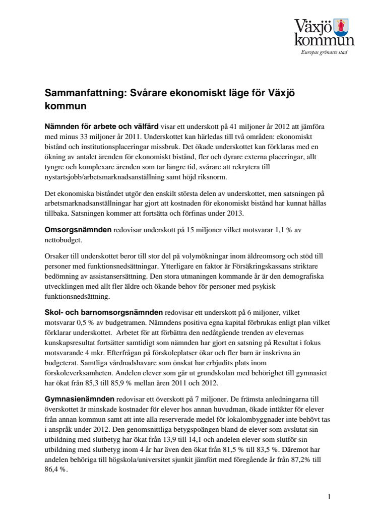 Fördjupad information: Svårare ekonomiskt läge för Växjö kommun