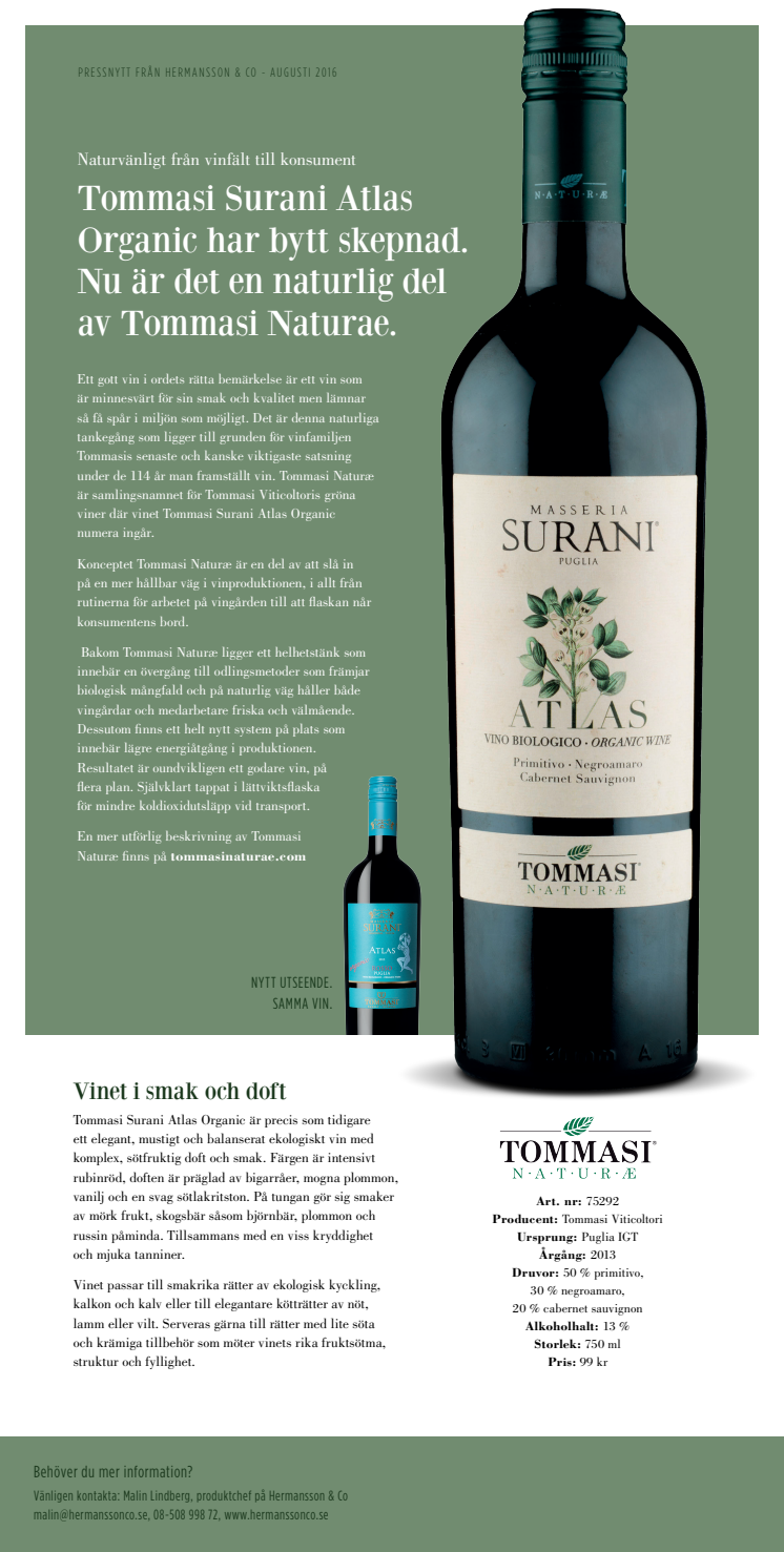 Tommasi Surani Atlas Organic - Naturvänligt från vinfält till konsument.