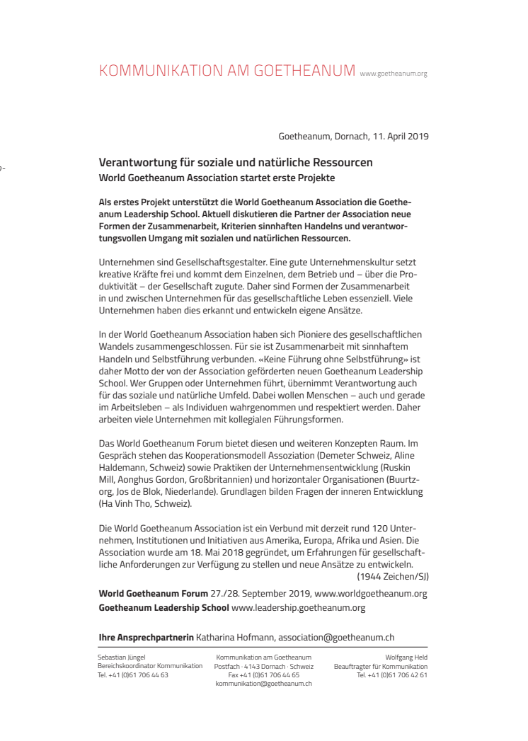 Verantwortung für soziale und natürliche Ressourcen. ​World Goetheanum Association startet erste Projekte