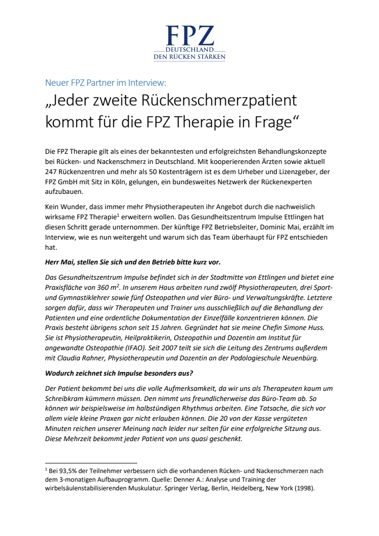 Neuer FPZ Partner im Interview: „Jeder zweite Rückenschmerzpatient kommt für die FPZ Therapie in Frage“