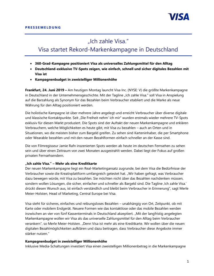 „Ich zahle Visa.“: Visa startet Rekord-Markenkampagne in Deutschland 