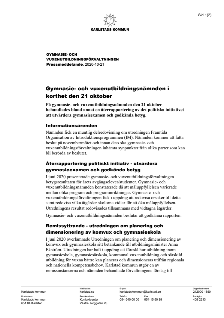 Gymnasie- och vuxenutbildningsnämnden i korthet den 21 oktober