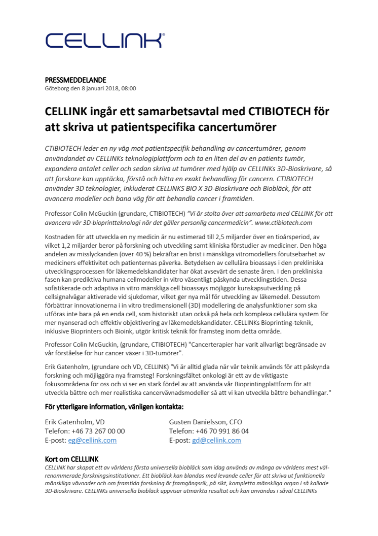 CELLINK ingår ett samarbetsavtal med CTIBIOTECH för att skriva ut patientspecifika cancertumörer
