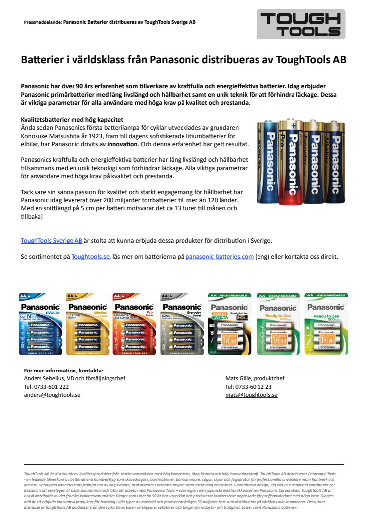 Pressmeddelande: Batterier i världsklass från Panasonic distribueras av ToughTools AB (pdf)