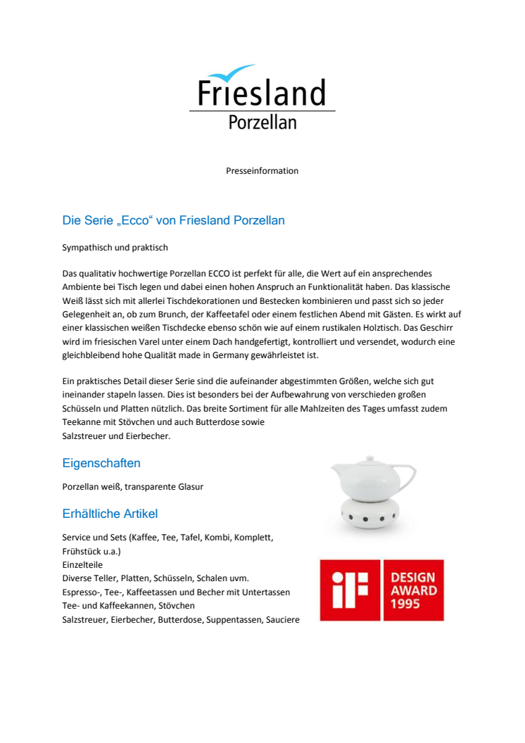 Presseinformation: Die Serie „Ecco“ von Friesland Porzellan - Sympathisch, praktisch, ausgezeichnet