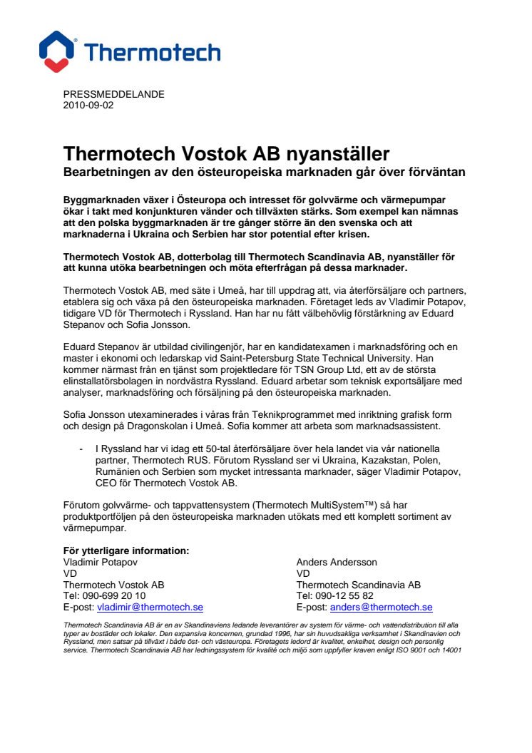Thermotech Vostok AB nyanställer - bearbetningen av den östeuropeiska marknaden går över förväntan
