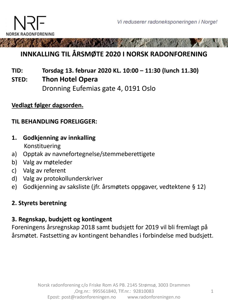 Innkalling Årsmøte Norsk Radonforening 2020