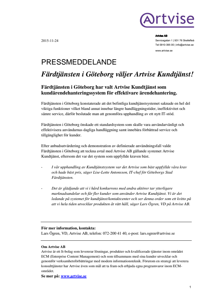 Färdtjänsten i Göteborg väljer Artvise Kundtjänst! 