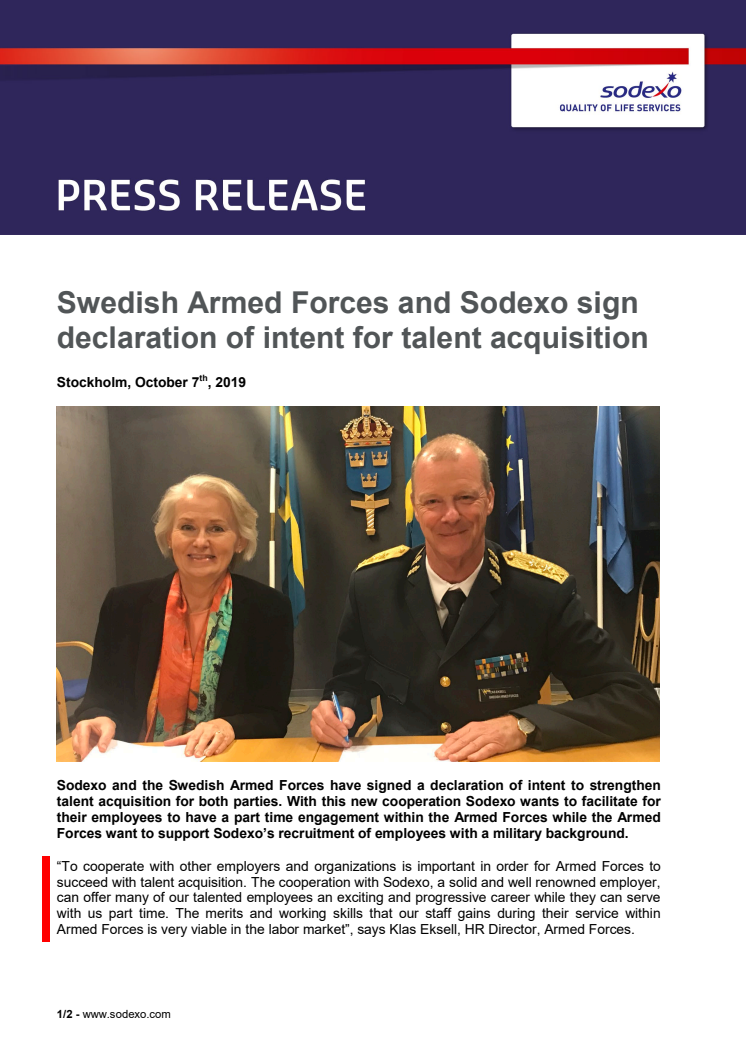 Swedish Armed Forces and Sodexo sign declaration of intent for talent acquisition