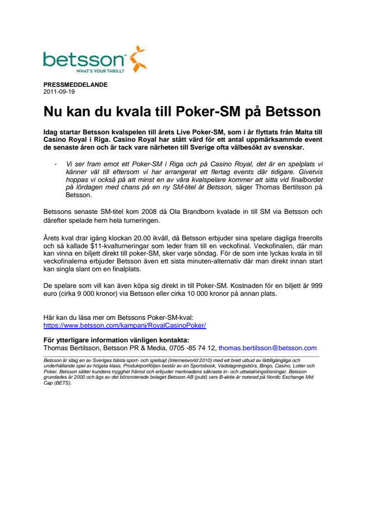 Nu kan du kvala till Poker-SM på Betsson