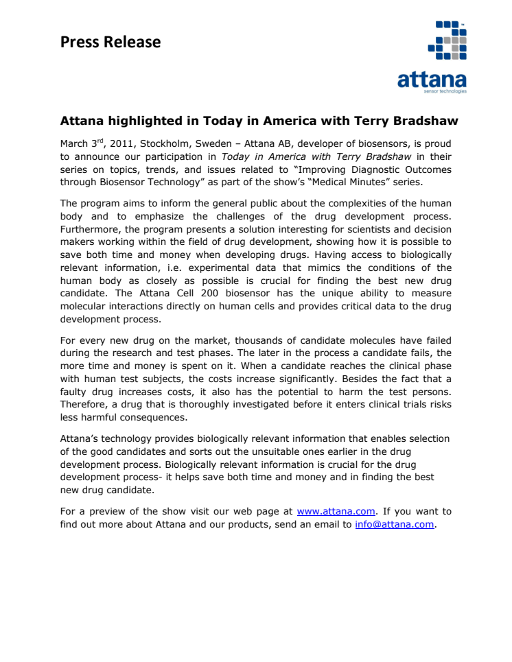 Attana highlighted in Today in America with Terry Bradshaw