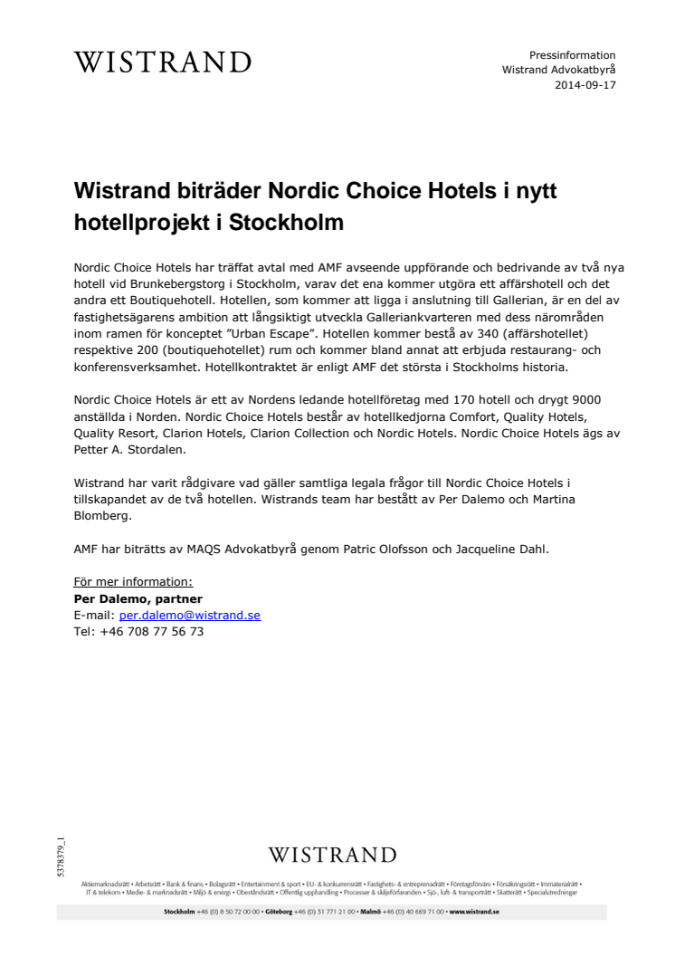 Wistrand biträder Nordic Choice Hotels i nytt hotellprojekt i Stockholm
