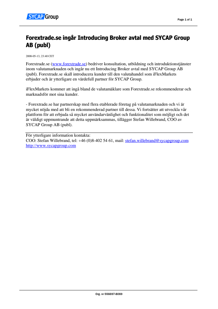 Forextrade.se ingår Introducing Broker avtal med SYCAP Group AB (publ)
