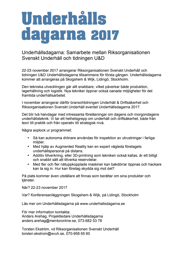 Underhållsdagarna : Samarbete mellan Riksorganisationen Svenskt Underhåll och tidningen U&D