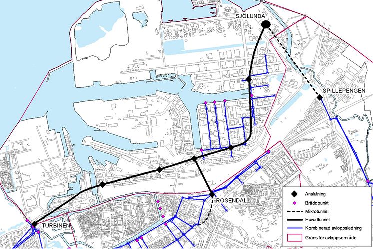 Karta över tänkt sträckning av Malmö avloppstunnel