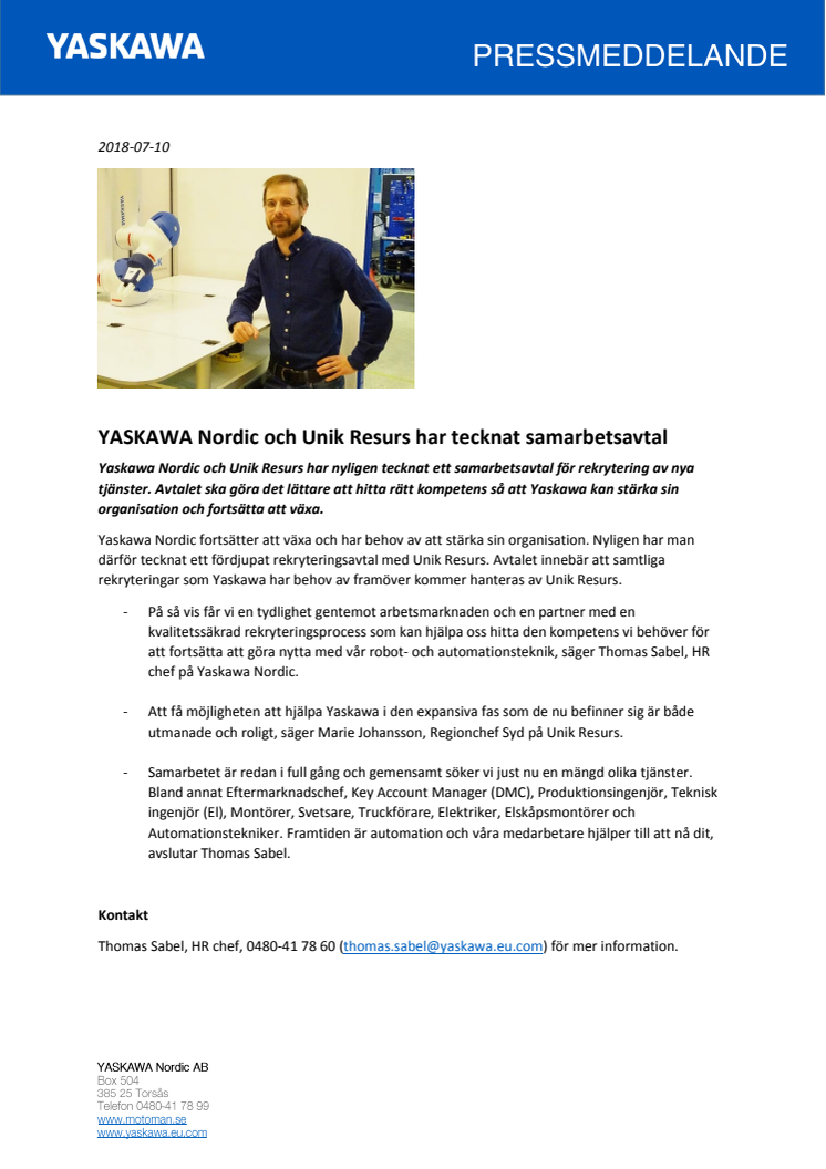 YASKAWA Nordic och Unik Resurs har tecknat samarbetsavtal