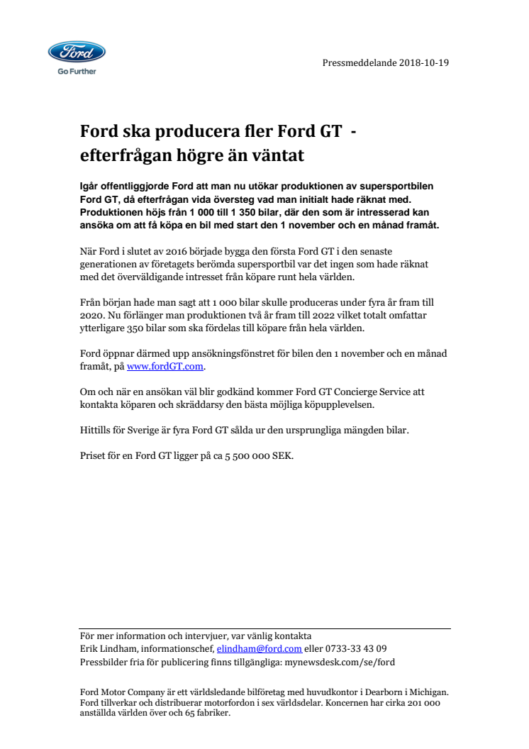 Ford ska producera fler Ford GT  - efterfrågan högre än väntat