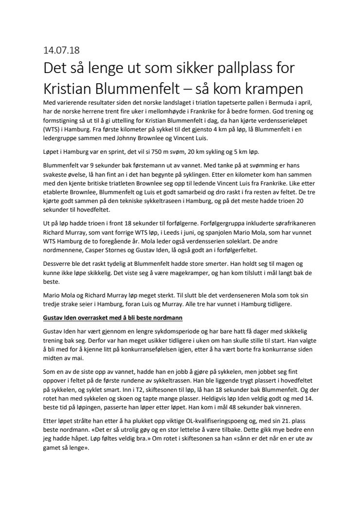 Det så lenge ut som sikker pallplass for Kristian Blummenfelt – så kom krampen