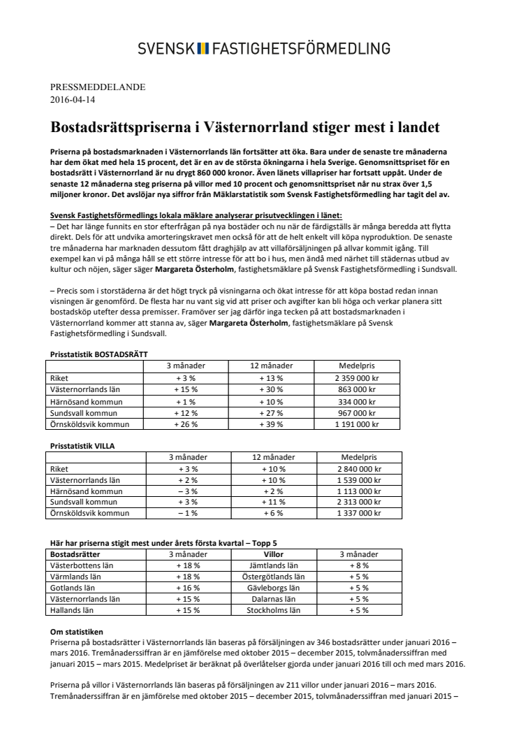 Bostadsrättspriserna i Västernorrland stiger mest i landet