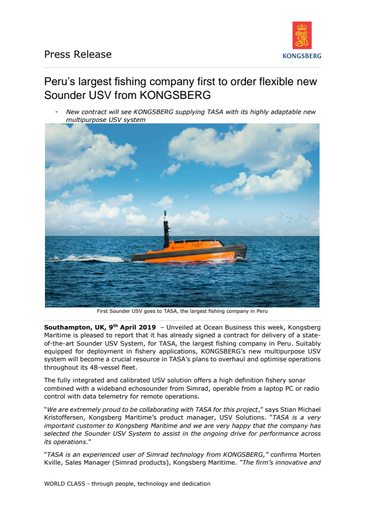 Peru’s largest fishing company first to order flexible new Sounder USV from KONGSBERG