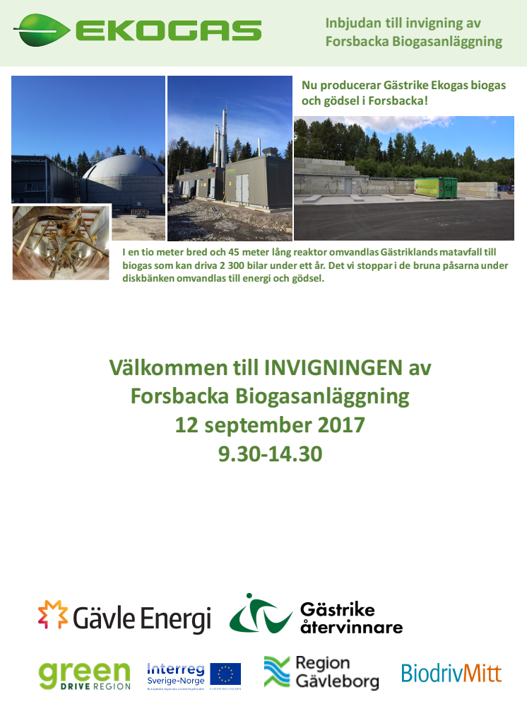 Program och inbjudan till invigningen av biogasanläggningen den 12 september 2017