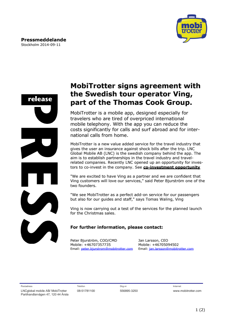 MobiTrotter signs agreement with the Swedish tour operator Ving, part of the Thomas Cook Group