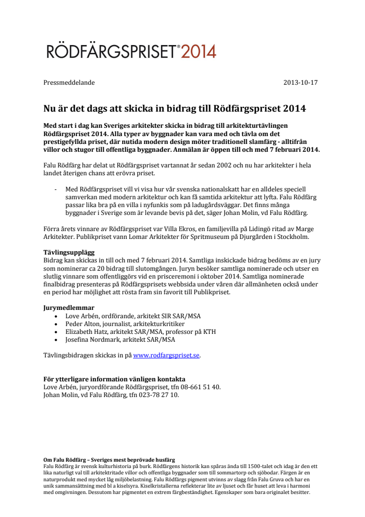 Nu är det dags att skicka in bidrag till Rödfärgspriset 2014
