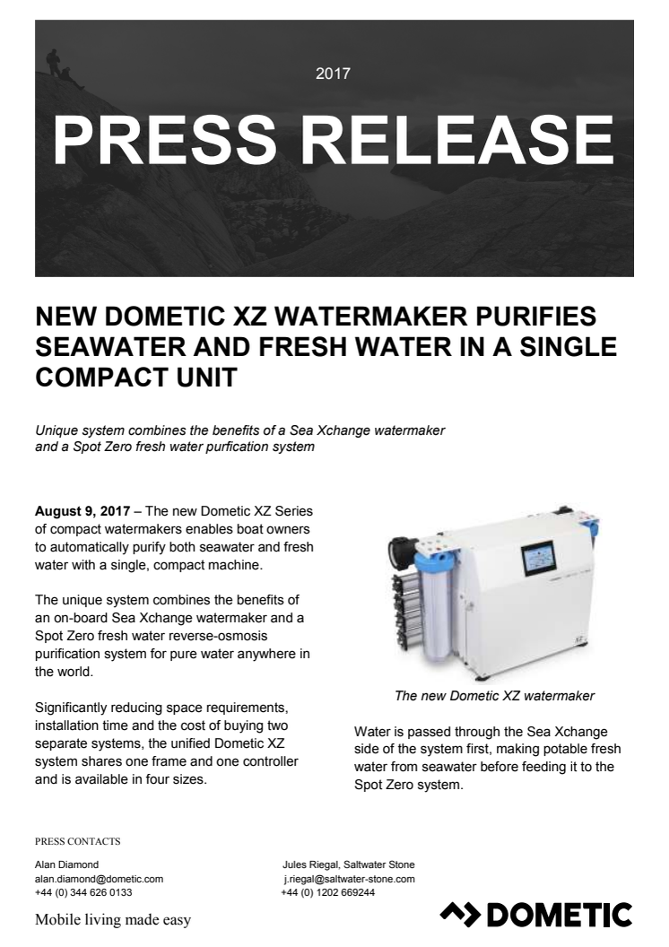 New Dometic XZ Watermaker Purifies Seawater and Fresh Water  in a Single Compact Unit