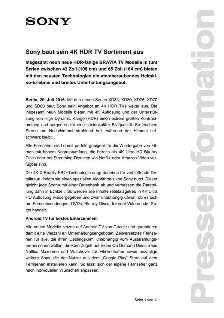 Sony baut sein 4K HDR TV Sortiment aus 