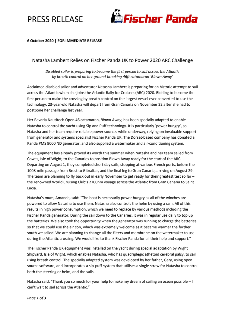 Natasha Lambert Relies on Fischer Panda UK to Power 2020 ARC Challenge