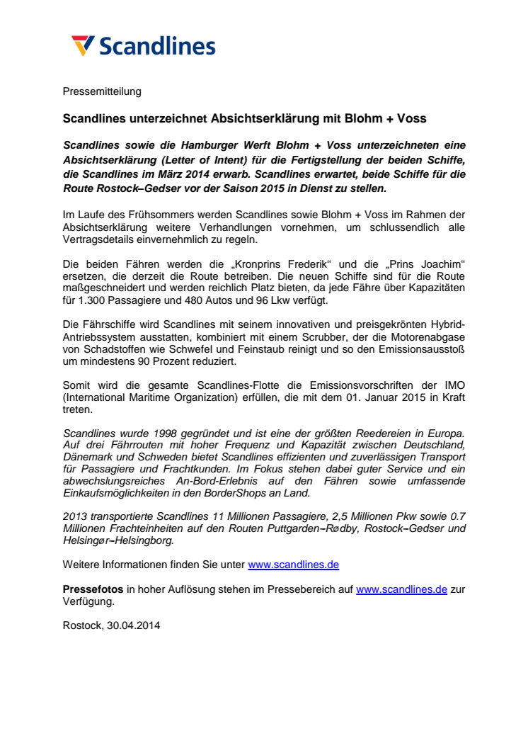 Scandlines unterzeichnet Absichtserklärung mit Blohm + Voss