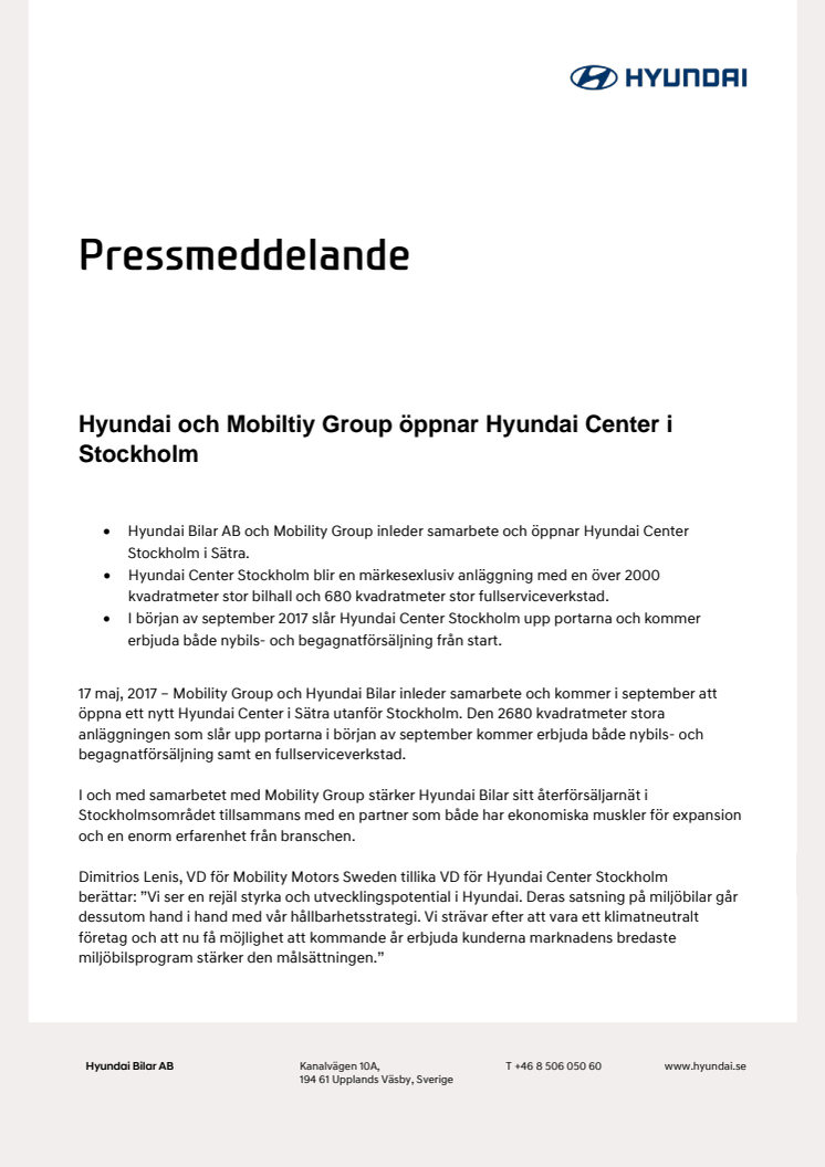 Hyundai och Mobiltiy Group öppnar Hyundai Center i  Stockholm